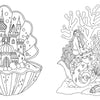 Discover magical scenes from Schiffer Publishing, Ltd.'s "Fantasy World Coloring Book: MAGIC MEADOWS - ROYAL KINGDOM - MERMAIDS’ BAY," featuring a castle inside a seashell and a mermaid amid an underwater coral reef with sea creatures.