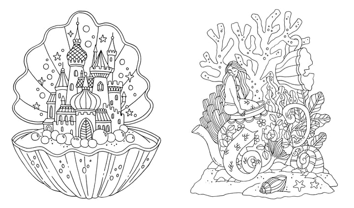 Discover magical scenes from Schiffer Publishing, Ltd.'s "Fantasy World Coloring Book: MAGIC MEADOWS - ROYAL KINGDOM - MERMAIDS’ BAY," featuring a castle inside a seashell and a mermaid amid an underwater coral reef with sea creatures.