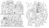 On the left, four jars with scenes of mermaids, sea creatures, and plants. On the right, a whimsical castle rests among waves and sea serpents—just like Schiffer Publishing’s "Fantasy World Coloring Book MAGIC MEADOWS - ROYAL KINGDOM - MERMAIDS’ BAY.