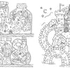 On the left, four jars with scenes of mermaids, sea creatures, and plants. On the right, a whimsical castle rests among waves and sea serpents—just like Schiffer Publishing’s "Fantasy World Coloring Book MAGIC MEADOWS - ROYAL KINGDOM - MERMAIDS’ BAY.