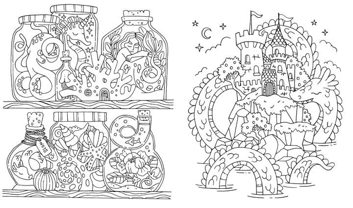 On the left, four jars with scenes of mermaids, sea creatures, and plants. On the right, a whimsical castle rests among waves and sea serpents—just like Schiffer Publishing’s "Fantasy World Coloring Book MAGIC MEADOWS - ROYAL KINGDOM - MERMAIDS’ BAY.