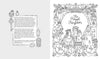 The Fantasy World Coloring Book: MAGIC MEADOWS - ROYAL KINGDOM - MERMAIDS’ BAY by Schiffer Publishing, Ltd. features a whimsical story intro with charming icons and a royal scene—ideal for imaginative coloring fans.