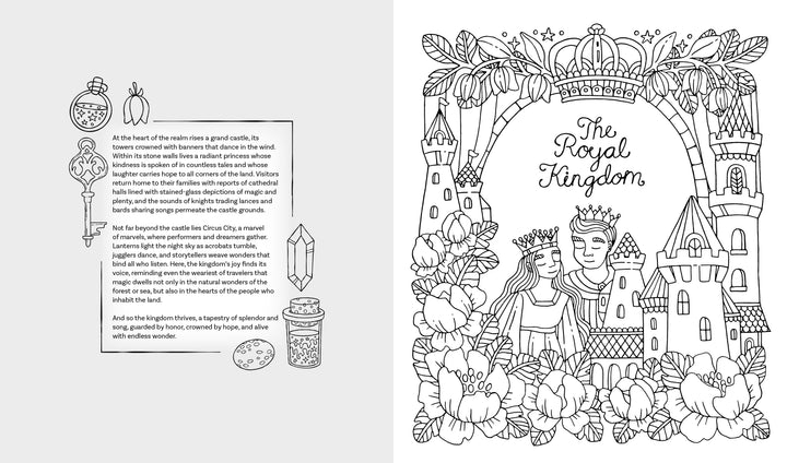 The Fantasy World Coloring Book: MAGIC MEADOWS - ROYAL KINGDOM - MERMAIDS’ BAY by Schiffer Publishing, Ltd. features a whimsical story intro with charming icons and a royal scene—ideal for imaginative coloring fans.