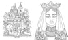 Whimsical line art from Schiffer Publishing's "Fantasy World Coloring Book: Magic Meadows - Royal Kingdom - Mermaids’ Bay," featuring a castle and flowers rising from an open book beside a crowned woman in a floral veil, inspired by Emelie Lidehäll Öberg.