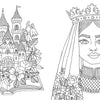 Whimsical line art from Schiffer Publishing's "Fantasy World Coloring Book: Magic Meadows - Royal Kingdom - Mermaids’ Bay," featuring a castle and flowers rising from an open book beside a crowned woman in a floral veil, inspired by Emelie Lidehäll Öberg.