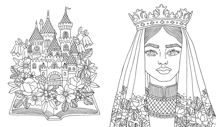 Whimsical line art from Schiffer Publishing's "Fantasy World Coloring Book: Magic Meadows - Royal Kingdom - Mermaids’ Bay," featuring a castle and flowers rising from an open book beside a crowned woman in a floral veil, inspired by Emelie Lidehäll Öberg.