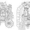 Line drawing of a pumpkin carriage and princess beside a rose-covered tower, perfect for fans of whimsical coloring—featured in Schiffer Publishing's "Fantasy World Coloring Book: MAGIC MEADOWS - ROYAL KINGDOM - MERMAIDS’ BAY.
