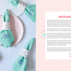 A pastel flat lay with mint green embroidered napkins and cheerful doodles sits beside "Stitching Super-Cute Food Kawaii Style" by Schiffer Publishing, Ltd.—a perfect source of mix-and-match embroidery inspiration.