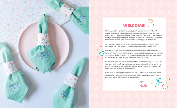 A pastel flat lay with mint green embroidered napkins and cheerful doodles sits beside "Stitching Super-Cute Food Kawaii Style" by Schiffer Publishing, Ltd.—a perfect source of mix-and-match embroidery inspiration.