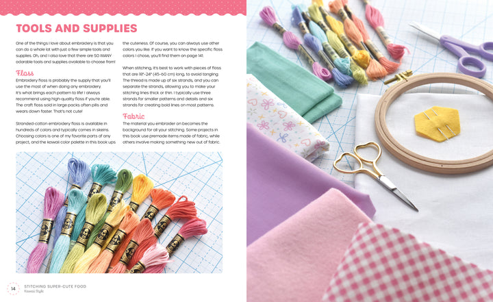 Floss, fabric, an embroidery hoop, scissors, and a needle from "Stitching Super-Cute Food Kawaii Style" by Schiffer Publishing, Ltd. are arranged on a pastel patterned surface—ideal for beginner or mix-and-match embroidery projects.