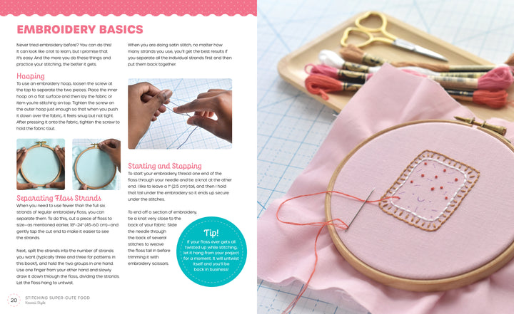 The Stitching Super-Cute Food Kawaii Style guide by Schiffer Publishing, Ltd. features beginner embroidery instructions, photos, thread tips, starting stitches, a wooden hoop with pink fabric, and mix-and-match kawaii food designs.