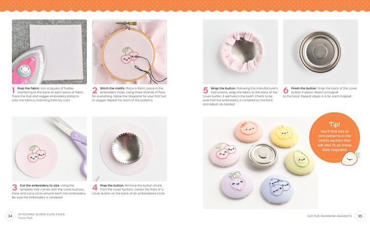 A step-by-step photo guide from Schiffer Publishing, Ltd.'s "Stitching Super-Cute Food Kawaii Style" shows how to prep fabric, stitch cherry faces, assemble, and finish pastel food magnets—with a tip that magnets stick to the back.