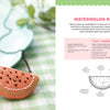 A stitched watermelon slice pendant necklace from "Stitching Super-Cute Food Kawaii Style" by Schiffer Publishing, Ltd. rests on green-checked fabric, with illustrated instructions and a supply list shown to the right—perfect for beginners.