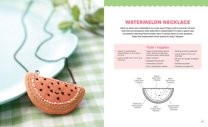 A stitched watermelon slice pendant necklace from "Stitching Super-Cute Food Kawaii Style" by Schiffer Publishing, Ltd. rests on green-checked fabric, with illustrated instructions and a supply list shown to the right—perfect for beginners.
