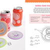 A page from "Stitching Super-Cute Food Kawaii Style" by Schiffer Publishing, Ltd. displays embroidered felt soda can top coasters, a soda can, supplies, materials list, beginner embroidery projects, and illustrated coaster sewing patterns.