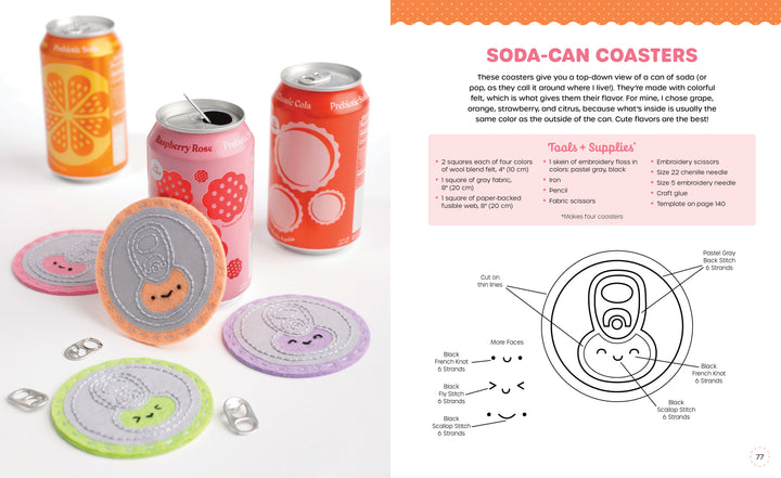 A page from "Stitching Super-Cute Food Kawaii Style" by Schiffer Publishing, Ltd. displays embroidered felt soda can top coasters, a soda can, supplies, materials list, beginner embroidery projects, and illustrated coaster sewing patterns.