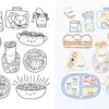 Side-by-side images show cute lunch foods with faces—one as a line drawing, the other as kawaii embroidery from Schiffer Publishing, Ltd.'s "Stitching Super-Cute Food Kawaii Style," featuring sushi, sandwiches, salad, and a cat in a lunchbox for beginners.