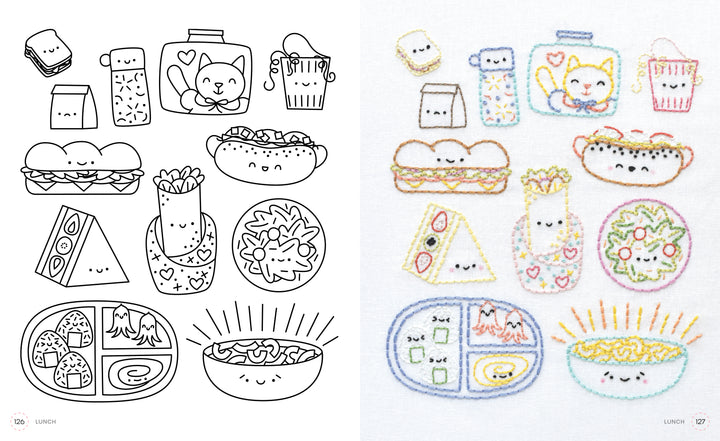 Side-by-side images show cute lunch foods with faces—one as a line drawing, the other as kawaii embroidery from Schiffer Publishing, Ltd.'s "Stitching Super-Cute Food Kawaii Style," featuring sushi, sandwiches, salad, and a cat in a lunchbox for beginners.