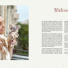 A smiling woman with long blonde hair in a white blouse holds a handmade gray mouse doll from "Sweet and Simple Amigurumi Friends" by Schiffer Publishing, Ltd. on a balcony. Text on the right reads Welcome and offers an introduction.