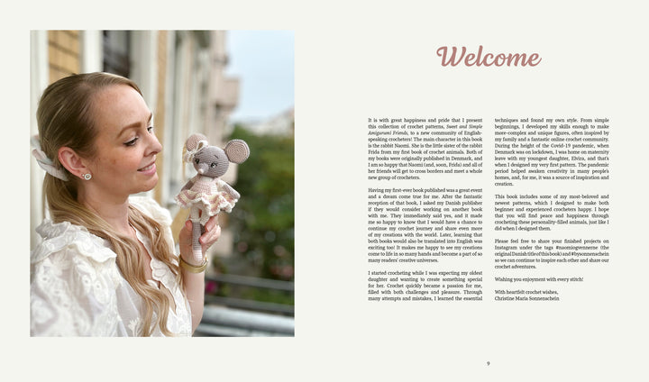 A smiling woman with long blonde hair in a white blouse holds a handmade gray mouse doll from "Sweet and Simple Amigurumi Friends" by Schiffer Publishing, Ltd. on a balcony. Text on the right reads Welcome and offers an introduction.