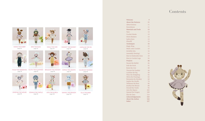 The contents page of "Sweet and Simple Amigurumi Friends" by Schiffer Publishing, Ltd. features a section list with page numbers, a dancing animal illustration below, and photos on the left of 16 handmade amigurumi animal dolls in costumes on small platforms.