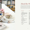A laptop, a coffee mug, pink flowers in a vase, an amigurumi animal, and the "Sweet and Simple Amigurumi Friends" crochet book by Schiffer Publishing, Ltd. rest on a white table. An "About the Patterns" page is open on the right.