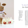 A crocheted brown amigurumi rabbit doll in a pastel dress stands by white orchids. Pattern instructions and the title “Sweet and Simple Amigurumi Friends” from Schiffer Publishing, Ltd. are shown on the right.