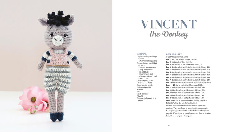A crocheted donkey doll with a pink flower stands against a pale background, alongside the title Sweet and Simple Amigurumi Friends from Schiffer Publishing, Ltd., plus a materials list and crochet animal patterns and instructions.