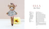 A crocheted deer doll with a bow and striped dress stands upright by a yellow flower. Text on the right introduces "Sweet and Simple Amigurumi Friends" from Schiffer Publishing, Ltd., with materials and instructions to crochet Ella the Deer.