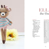 A crocheted deer doll with a bow and striped dress stands upright by a yellow flower. Text on the right introduces "Sweet and Simple Amigurumi Friends" from Schiffer Publishing, Ltd., with materials and instructions to crochet Ella the Deer.