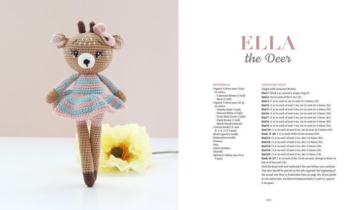 A crocheted deer doll with a bow and striped dress stands upright by a yellow flower. Text on the right introduces "Sweet and Simple Amigurumi Friends" from Schiffer Publishing, Ltd., with materials and instructions to crochet Ella the Deer.
