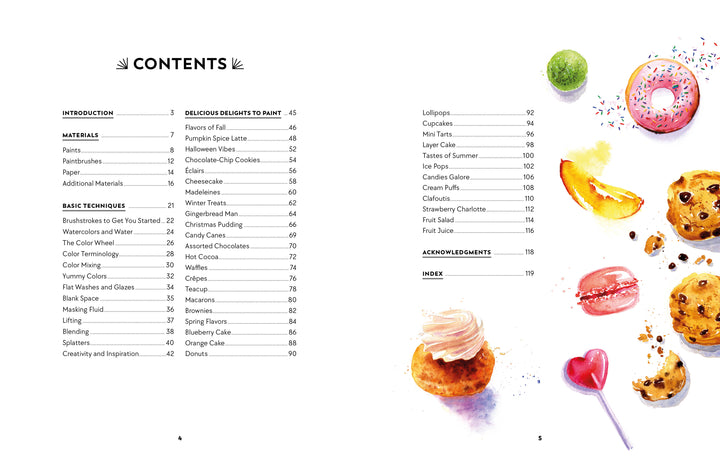 The left side shows the table of contents for Yummy Watercolor by Schiffer Publishing, Ltd., listing sections and page numbers. On the right are vibrant watercolor illustrations of desserts such as cookies, donuts, a lollipop, and fruit slices.