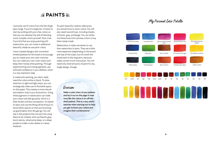 Two pages from "Yummy Watercolor" by Schiffer Publishing, Ltd.—left page explains paint choices and mixing; right page displays “My Personal Color Palette” handwritten above vivid, labeled color swatches.