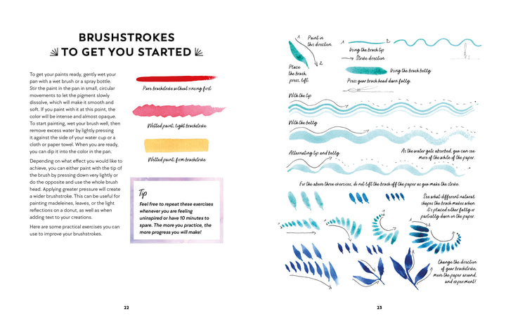 An instructional spread from Yummy Watercolor by Schiffer Publishing, Ltd. features red and gold brushstroke tips on the left page, and blue and green samples with shapes and handwritten instructions on the right—ideal for beginners.