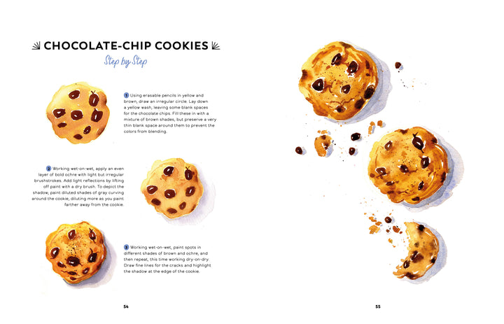 Yummy Watercolor by Schiffer Publishing, Ltd. is a beginner’s step-by-step guide to painting chocolate-chip cookies, featuring three realistic dessert artworks with clear instructions and tips in blue and black text on a white background.
