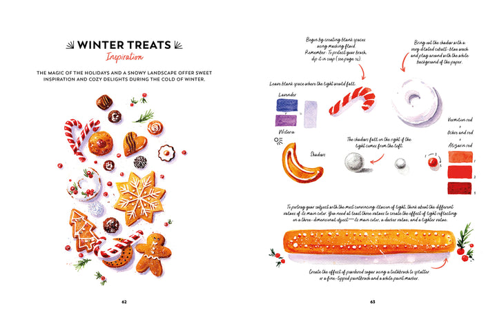 On the left, festive desserts like cookies, candy canes, and chocolates are illustrated; on the right, "Yummy Watercolor" by Schiffer Publishing, Ltd. guides beginners step-by-step to paint a realistic orange slice.