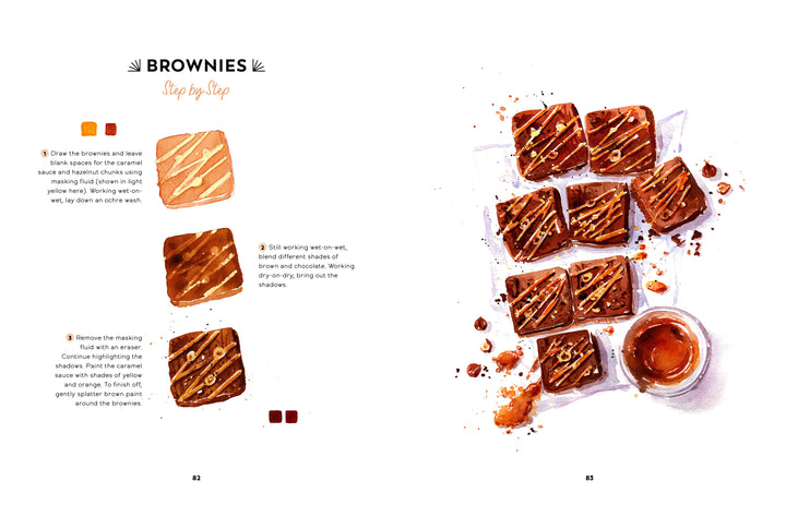 Discover Yummy Watercolor by Schiffer Publishing, Ltd.—a beginner’s guide to watercolor painting with step-by-step instructions and charming brownie desserts with caramel drizzle illustrated as sample squares.