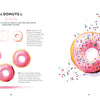 Yummy Watercolor by Schiffer Publishing, Ltd. features a beginner’s guide to painting tasty pink desserts: step-by-step instructions on the left and a finished donut with colorful sprinkles on the right.