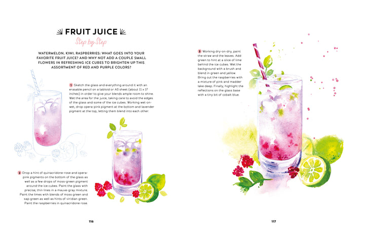 Schiffer Publishing, Ltd.’s Yummy Watercolor offers step-by-step instructions and vibrant artwork to help beginners create beautifully garnished fruit juices with ice, watermelon, lime slices, and raspberries.