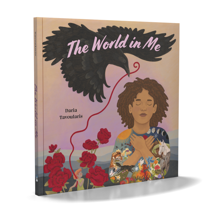 Book cover for The World in Me from Schiffer Publishing, Ltd. depicts a girl with closed eyes and hands on her chest, surrounded by red roses, a horse, and a black bird holding a red string—symbolizing empathy and nature.