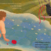 A child with curly hair touches a stream near a red flower, while a black bird and green-clad figure with a red ribbon sit in a tree. Poetic lines evoke empathy in nature in "The World in Me" by Schiffer Publishing, Ltd.—ideal for children's books.