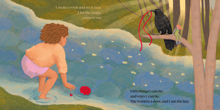 A child with curly hair touches a stream near a red flower, while a black bird and green-clad figure with a red ribbon sit in a tree. Poetic lines evoke empathy in nature in "The World in Me" by Schiffer Publishing, Ltd.—ideal for children's books.