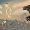 A person rides a large black bird in rain with a red ribbon, while another braves stormy waves and lightning in a boat. Red drops add drama. "The World in Me" by Schiffer Publishing, Ltd. captures vivid nature and empathy through artful imagery and text.