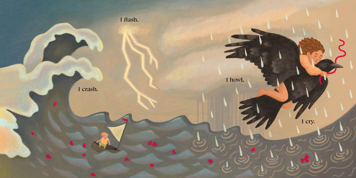 A person rides a large black bird in rain with a red ribbon, while another braves stormy waves and lightning in a boat. Red drops add drama. "The World in Me" by Schiffer Publishing, Ltd. captures vivid nature and empathy through artful imagery and text.