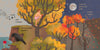 A child climbs an autumn tree beneath a moonlit sky, while a crow perches by red flowers. This scene from "The World in Me" by Schiffer Publishing, Ltd. captures empathy and wonder in nature: “I wish and I wander through space and time...”.