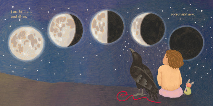 Under a starry sky, a child, a black bird, and a green bunny watch the moon’s phases. The World in Me by Schiffer Publishing, Ltd. celebrates gentle wonder in nature: “I am brilliant and silver. Secret and new—a perfect children’s book moment.”.
