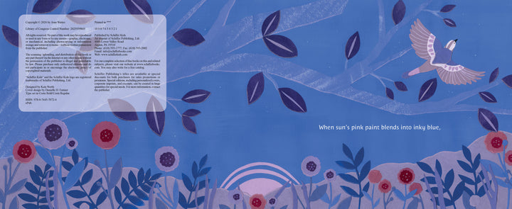 A pink bird soars through dark branches and flowers under a blue sky, evoking woodland magic. The text reads: “When sun’s pink paint blends into inky blue.” The Night Artists by Schiffer Publishing, Ltd. appears on the left.