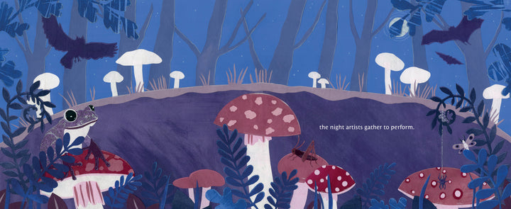 The Night Artists by Schiffer Publishing, Ltd. features a nighttime forest with red and white mushrooms, plants, a frog, moth, and nocturnal animals. Tree silhouettes and bats fly in the background with the text: "the night artists gather to perform.