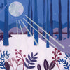 A moonlit forest with tall blue trees and nocturnal animals, purple and red plants in the foreground. Moonbeams illuminate a clearing. Text: "Moons light floods the stage." The Night Artists by Schiffer Publishing, Ltd.