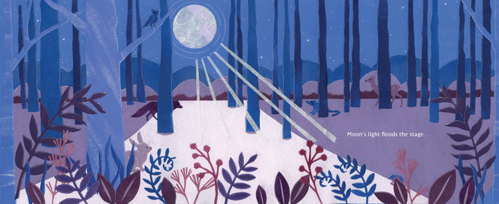 A moonlit forest with tall blue trees and nocturnal animals, purple and red plants in the foreground. Moonbeams illuminate a clearing. Text: "Moons light floods the stage." The Night Artists by Schiffer Publishing, Ltd.